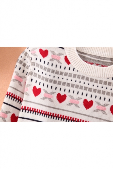 New Stylish Heart Print Round Neck Long Sleeve Fitted Sweater