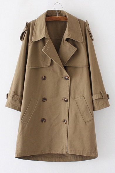 Retro Simple Plain Notch Lapel Double Breasted Long Sleeve Trench Coat