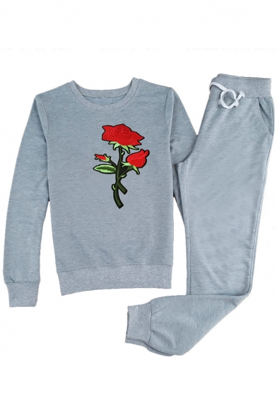 Rose Embroidered Long Sleeve Leisure Pullover Sweatshirt with Drawstring Pants