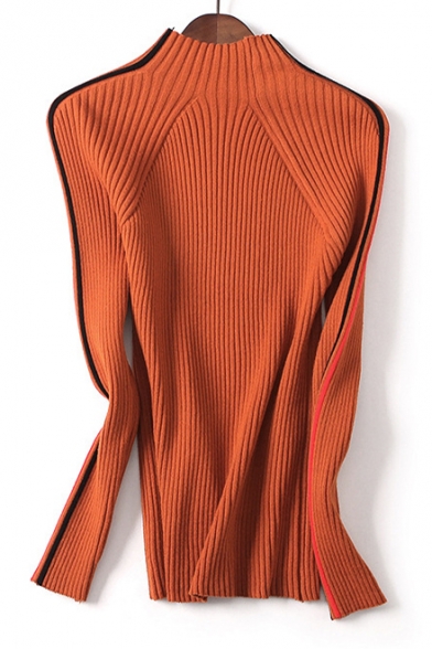 Simple Mock Neck Long Sleeve Striped Pattern Hem Pullover Sweater