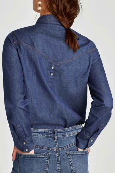 Chic Floral Embroidered Lapel Collar Long Sleeve Buttons Down Denim Shirt
