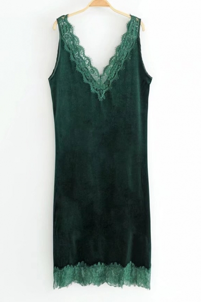 Chic Lace Inserted V Neck Sleeveless Fashion Midi Velvet Tank Dress