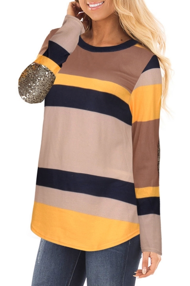 Color Block Panel Sequined Elbow Patchwork Round Neck Long Sleeve Top