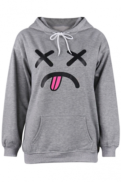 Color Block Tongue Print Long Sleeve Leisure Hoodie with Patch Pocket