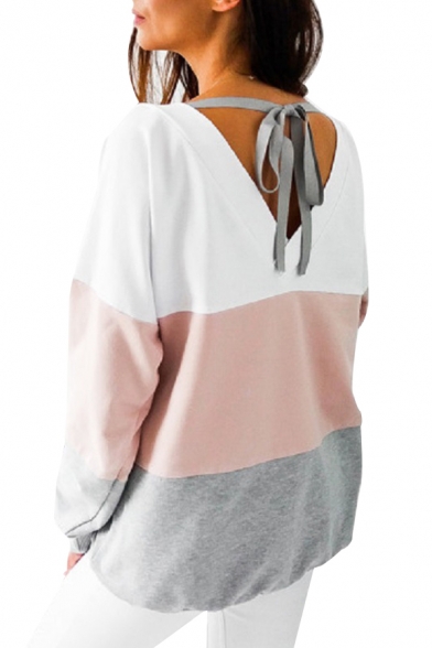 New Stylish Color Block Tie Back Round Neck Long Sleeve Boxy Pullover Sweatshirt