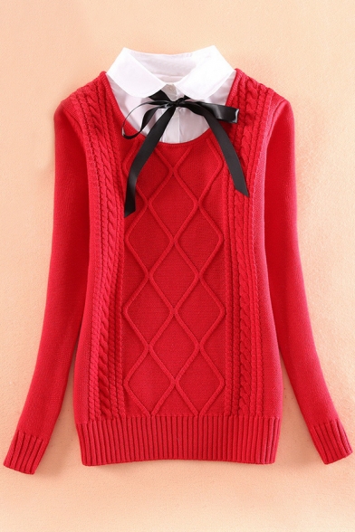 New Stylish Fake Two-Piece Collared Tie Front Long Sleeve Textured Detail Sweater
