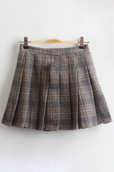 New Stylish Zip Fly Classic Plaid Mini A-line Pleated Skirt