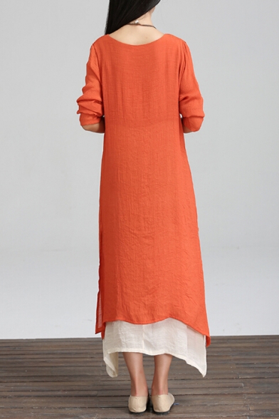 Retro Simple Plain Color Block Split Side Long Sleeve High Low Layered Hem Maxi Dress