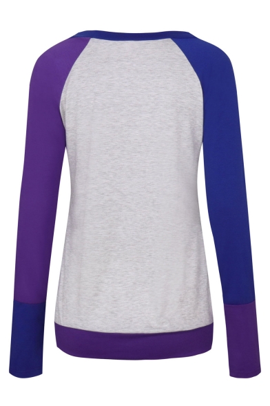 Simple Color Block Panel Round Neck Long Sleeve Top