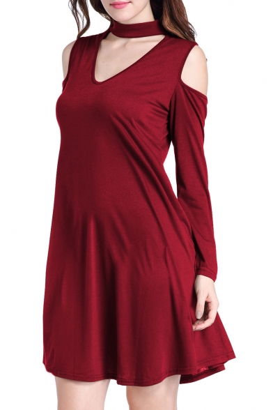 Simple Plain Chocker Neck Cold Shoulder Long Sleeve Shift Mini Dress