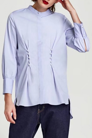 Stand-Up Collar Long Sleeve Fashion Pearl Embellished Buttons Down Plain Shirt
