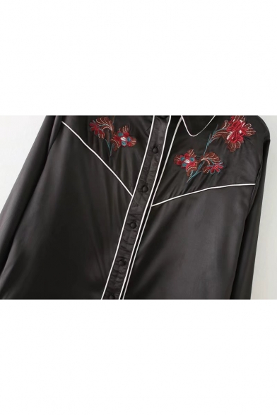 Chic Floral Embroidered Lapel Collar Long Sleeve Buttons Down Shirt