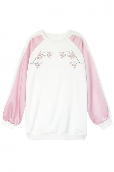 Color Block Floral Embroidered Cotrast Striped Side Long Sleeve Pullover Sweatshirt