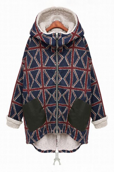 Color Block Plaid Pattern Hooded Contrast Cuff Zippered Long Sleeve Cotton Coat