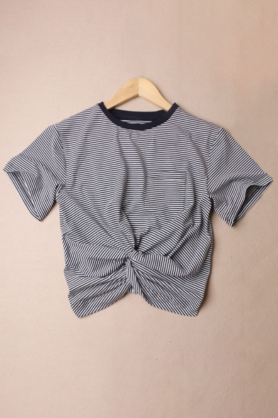 Contrast Round Neck Striped Knot Front Short Sleeve Tee