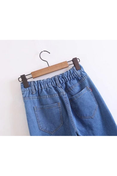 Elastic Waistband Zip Fly Tie Front Frayed Hem Jeans