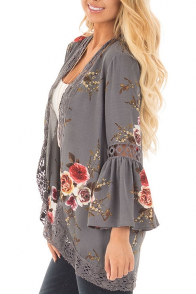 Floral Pattern Open Front Crochet Lace Hem Hollow Out Flared Long Sleeve Coat
