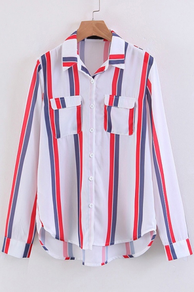 Lapel Collar Long Sleeve Striped Pattern Buttons Down Shirt with Double Pockets