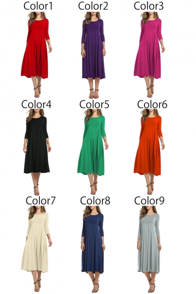 New Fashion Simple Plain Round Neck 3/4 Length Sleeve Midi Swing Dress