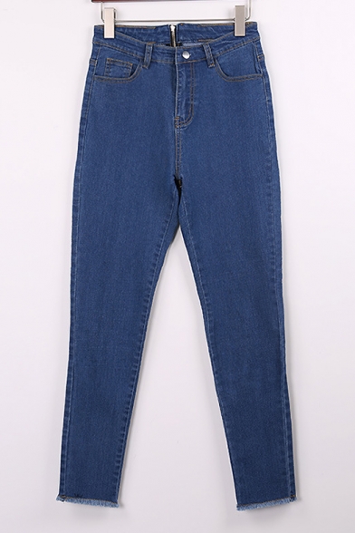 New Stylish Zip Back Frayed Hen Plain Ankle Grazer Jeans