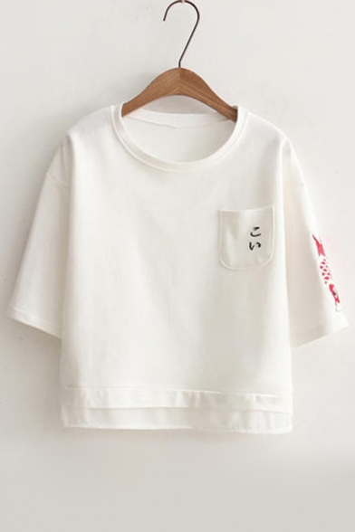 Simple Plain Cartoon Fish Embroidered Round Neck Short Sleeve Cropped Tee