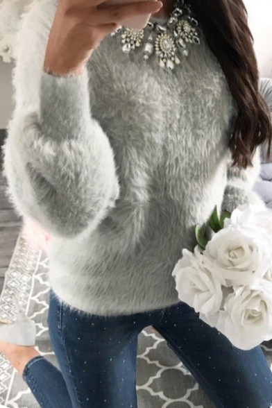 Simple Plain Round Neck Long Sleeve Puff Pullover Sweater