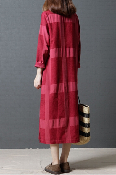 Simple Round Neck Check Pattern Long Sleeve Loose Maxi Dress
