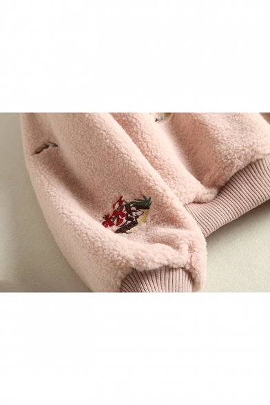 Fashion Embroidery Pattern Stand-Up Collar Long Sleeve Fluffy Coat