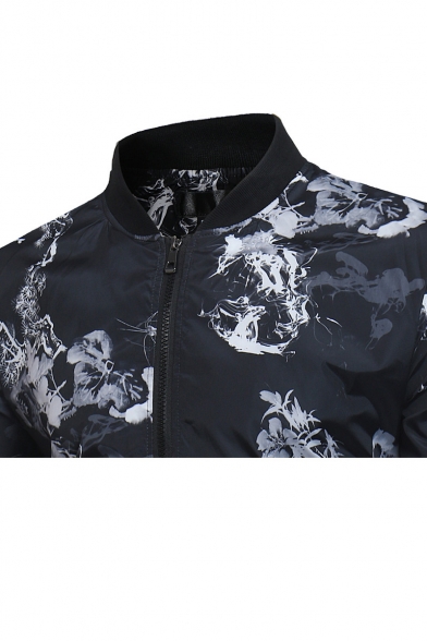 Floral Pattern Stand-Up Collar Zip-Up Long Sleeve Jacket