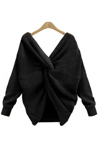 New Fashion Plain V-Neck Crisscross Back Long Sleeve Pullover Sweater