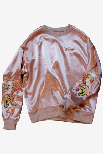 Chic Dragon Embroidered Side Round Neck Long Sleeve Satin Pullover Sweatshirt