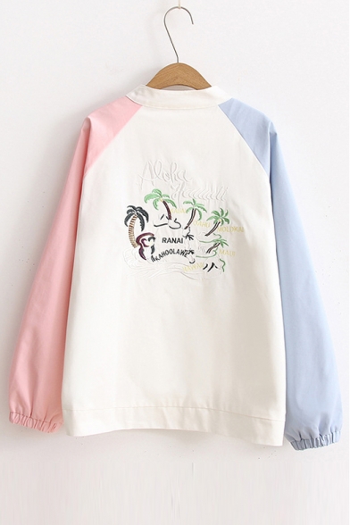 Color Block Crew Neck Tree Embroidered Single Brested Long Sleeve Coat