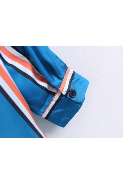 Color Block Striped Panel Lapel Collar Buttons Down Long Sleeve Shirt