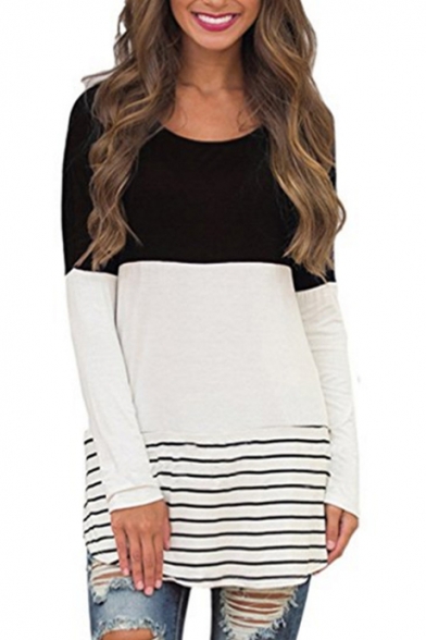 Color Block Striped Pattern Round Neck Long Sleeve T-Shirt Mini Dress