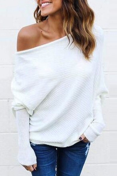 Fashion Off Shoulder Batwing Sleeve Textured Solid Pullover Sweater