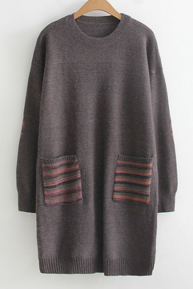Fashion Striped Pattern Long Sleeve Round Neck Tunic Sweater with Double Pockets