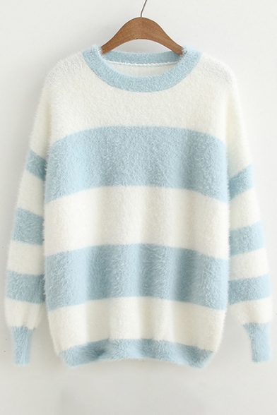 Round Neck Long Sleeve Color Block Striped Pattern Pullover Sweater