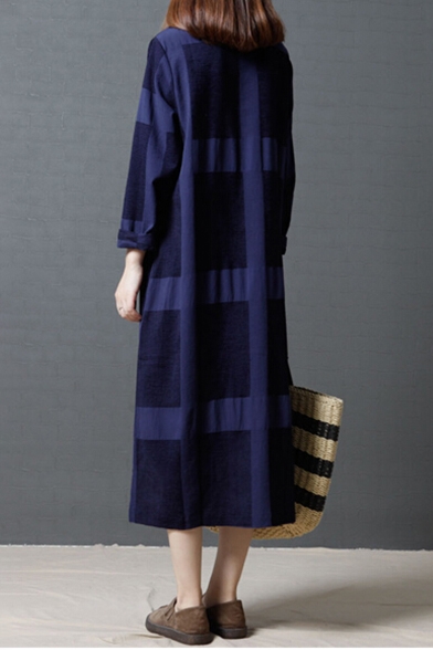 Simple Round Neck Check Pattern Long Sleeve Loose Maxi Dress
