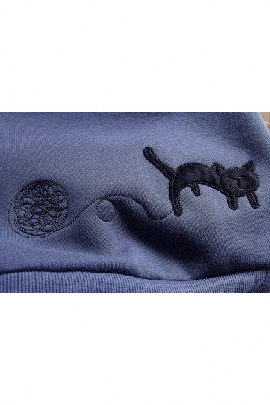 Cartoon Cat Embroidered Round Neck Long Sleeve Pullover Sweatshirt