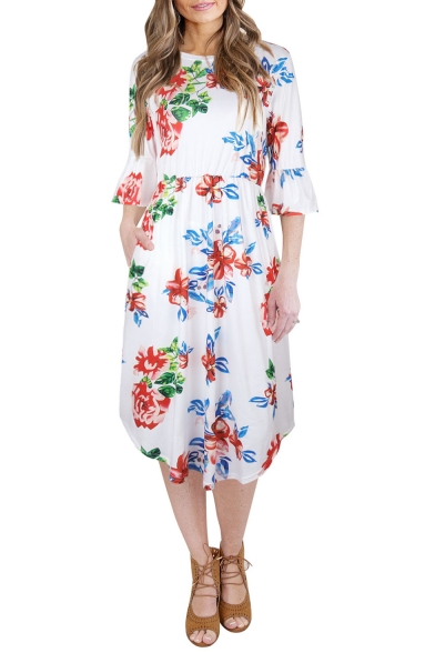 Chic Floral Pattern Round Neck Flare Half Sleeve Midi A-line Dress