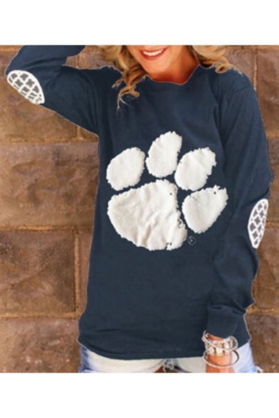 Color Block Bear Claw Paw Long Sleeve Leisure Pullover Sweatshirt