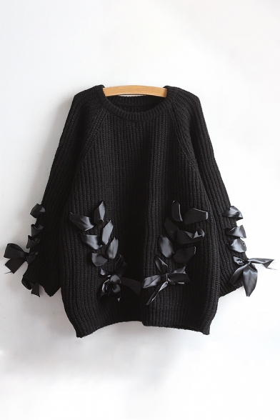 New Fashion Crisscross Ribbon Embellished Round Long Sleeve Pullover Sweater