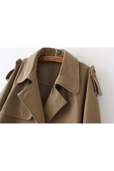 Retro Simple Plain Notch Lapel Double Breasted Long Sleeve Trench Coat