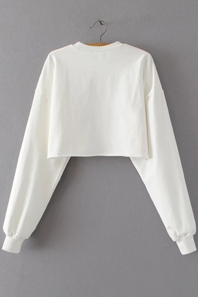 Simple Plain Round Neck Long Sleeve Cropped Pullover Sweatshirt