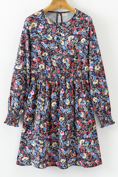 Summer's Floral Pattern Round Neck Long Sleeve Mini A-Line Dress
