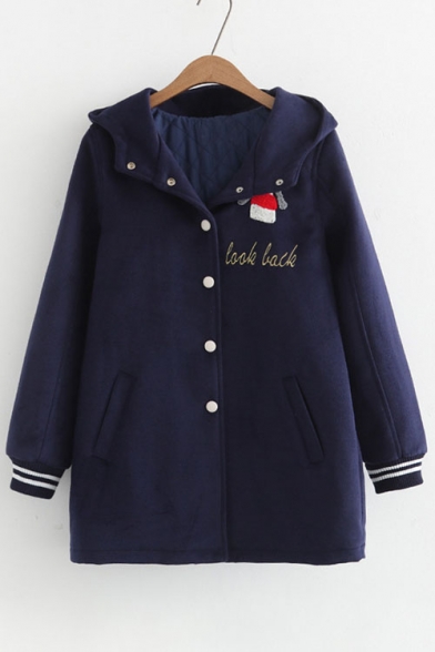 Winter's Warm Cartoon Girl Embroidered Hooded Long Sleeve Buttons Down Coat
