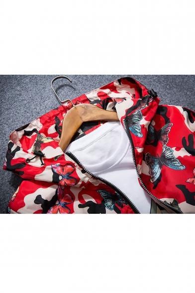 Butterfly Camouflage Print Zipper Long Sleeve Windproof Hooded Jacket