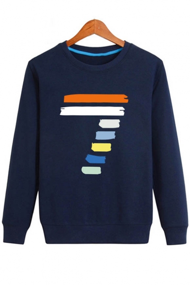 Chic Color Block Number Print Round Neck Casual Unisex Pullover Sweatshirt