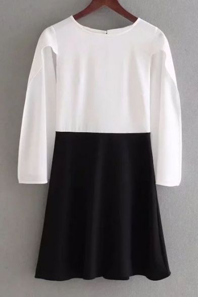 Chic Color Block Round Neck Split Side Long Sleeve A-Line Mini Dress