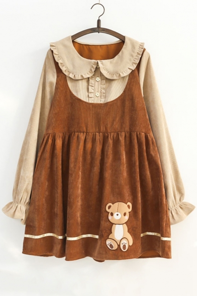 Chic Simple Bear Embroidered Two-Piece Long Sleeve Shift Mini Dress